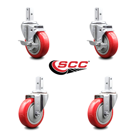 Service Caster 4 Inch Red Polyurethane Wheel Swivel 7/8 Inch Square Stem Caster Brakes, 2PK SCC-SQ20S414-PPUB-RED-TLB-78-2-S-2